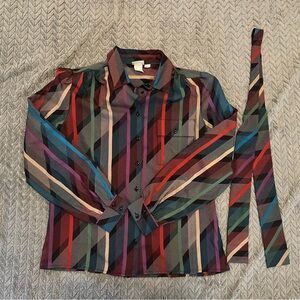 Women’s 80s 90s Pykettes striped blouse with puffy shoulders & matching bow tie